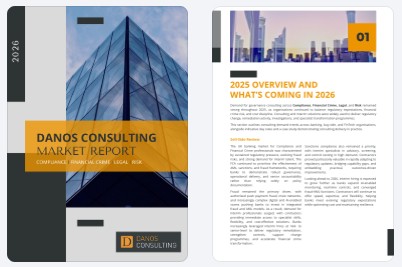 Preview of Danos Consulting Market Report on compliance, legal, and risk recruitment solutions; cover shows modern glass building.