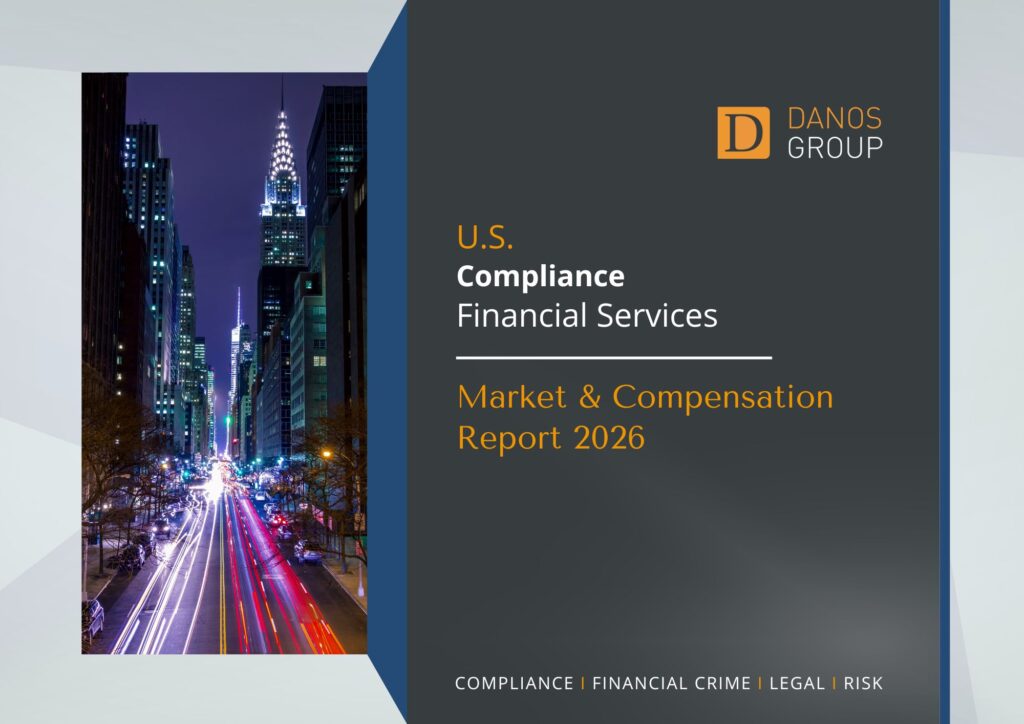 Danos Group report cover: “US Compliance Financial Services Market & Remuneration Report 2026,” cityscape at night, symbolising governance and compliance expertise.