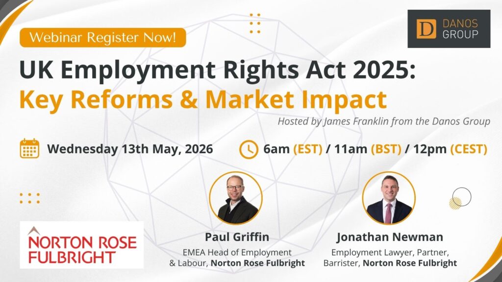 Webinar banner: UK Employment Rights Act 2025 reforms, event details, speakers Paul Griffin & Jonathan Newman, Danos Group logo.