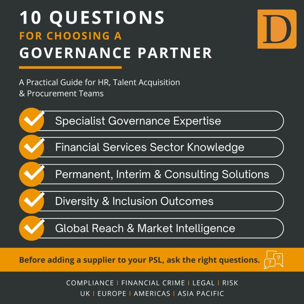 Infographic: 10 Questions for Choosing a Governance Recruitment Partner—expertise, sector insight, diversity, legal & compliance focus.