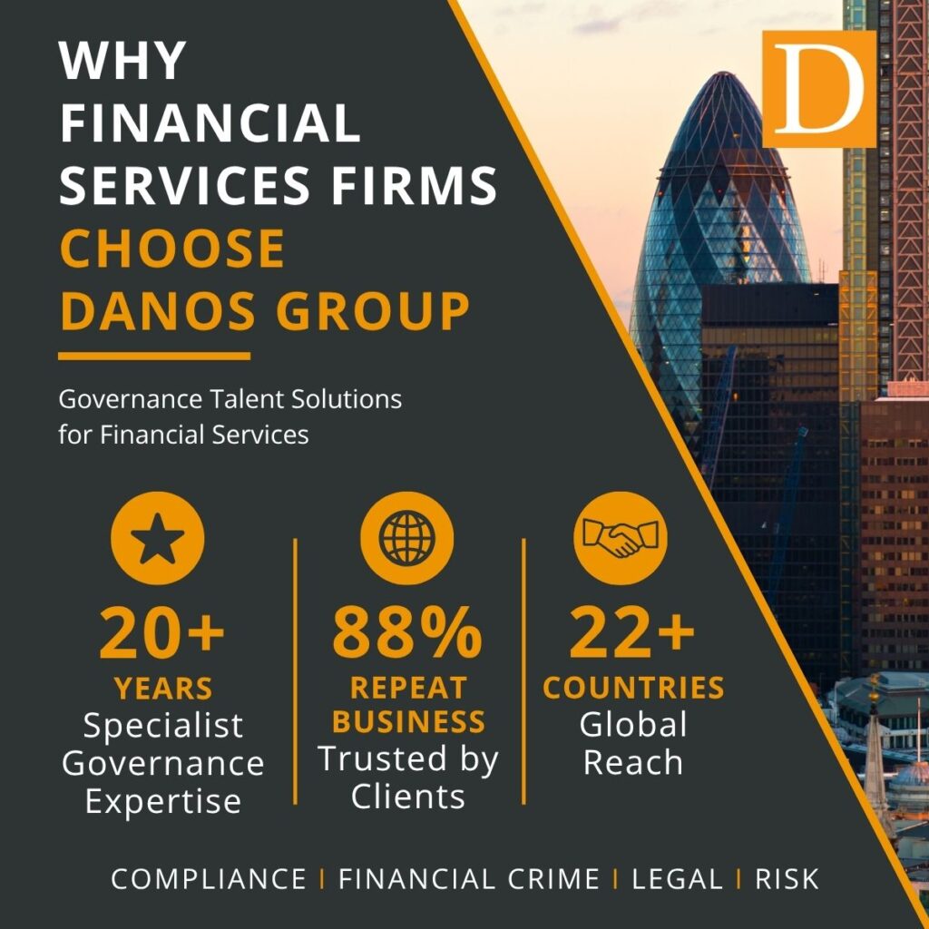 Danos Group graphic highlighting expert governance, legal, and compliance recruitment; 20+ years’ experience; global presence.