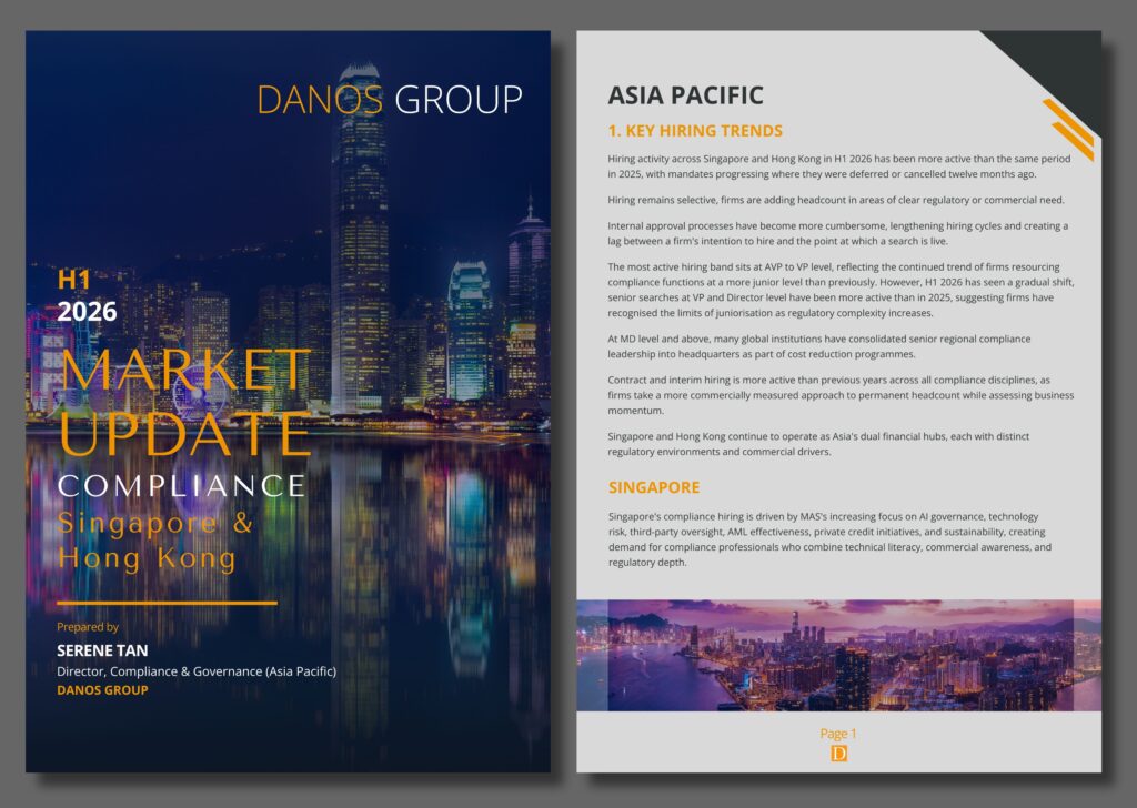 Professional two-page DANOS GROUP business report titled MARKET UPDATE: COMPLIANCE Singapore & Hong Kong 2026, featuring a night-time city skyline and insights on governance, legal, and compliance recruitment trends in the Asia-Pacific region.