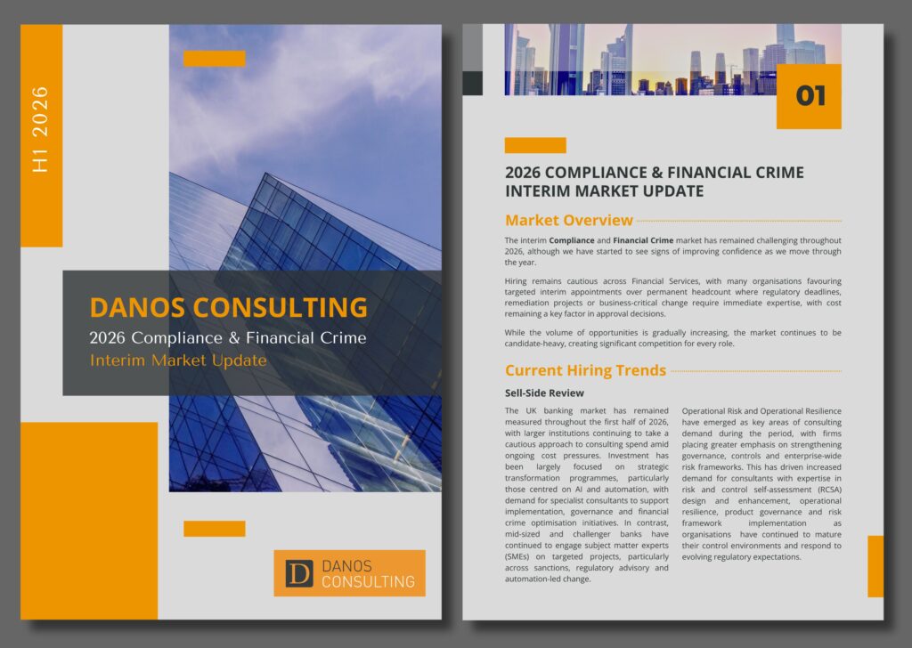 Professional two-page report for Danos Consulting, displaying a modern glass building with orange highlights. The report covers the 2026 Compliance & Financial Crime Interim Market Update, featuring insights on governance, legal, and compliance recruitment trends and expert consultancy solutions.