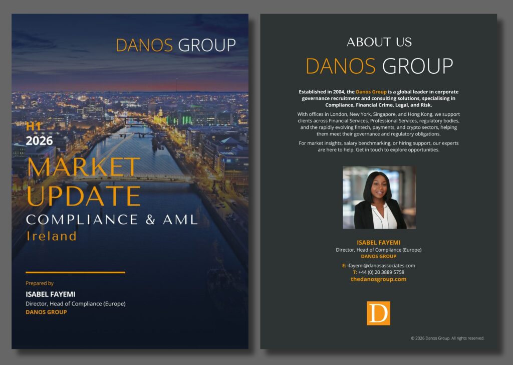 Danos Group flyer for the 2026 Market Update on Compliance and AML in Ireland, highlighting governance, legal, and compliance recruitment and consultancy solutions. Includes event details, company information, and a photo of Isabel Fayemi, Director and Head of Compliance (Europe).