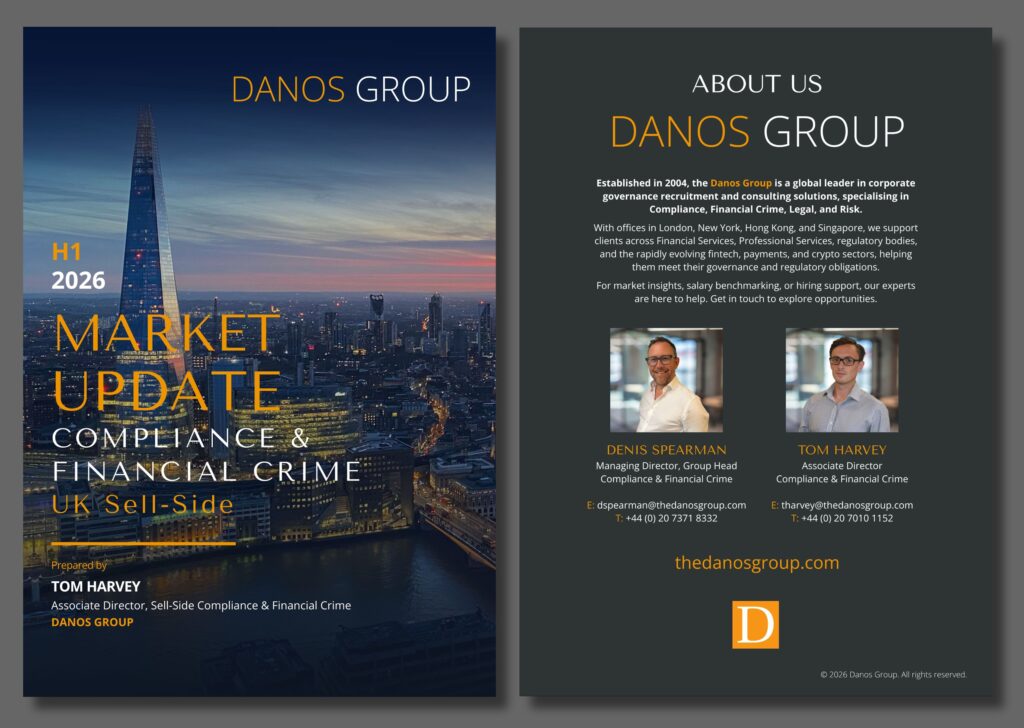 Danos Group business report cover and about page, highlighting governance, legal, and compliance recruitment and consulting solutions. Includes cityscape imagery, company overview, profiles of expert team members with photos, and contact information. Title: Market Update – Compliance & Financial Crime in the UK Sell-Side.