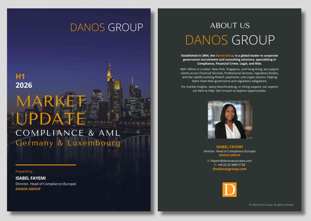 DANOS GROUP flyer: Compliance & AML update for Germany & Luxembourg, H1 2026. Isabel Fayemi, Director. Contact details included.