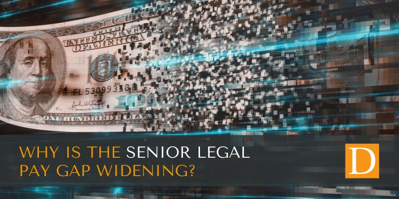 A $100 note dissolves into digital pixels above the question: Why is the senior legal pay gap widening? Set against a grey background with an orange logo, representing legal and compliance recruitment and consultancy solutions.