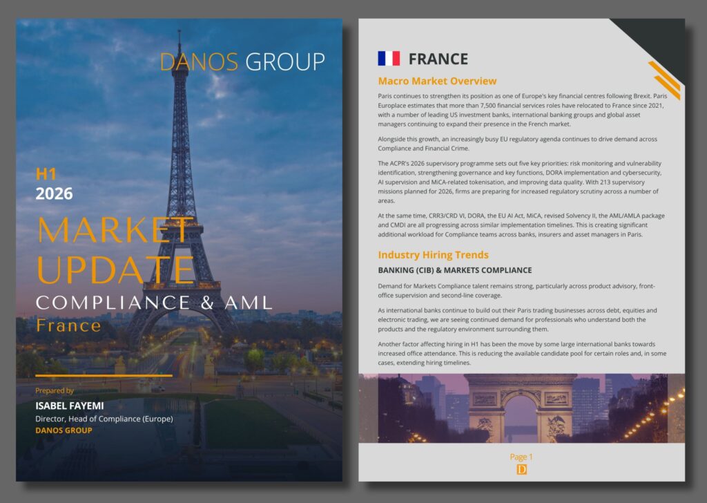 Cover page displaying “Market Update: Compliance & AML France 2026” over an image of the Eiffel Tower, reflecting governance and legal expertise; second page features the title “France” with a flag icon, an overview, insights into hiring trends, and concise sections on regulatory compliance and AML recruitment solutions.