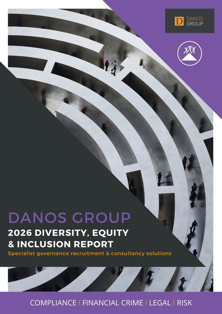 Cover of the Danos Group 2026 Diversity, Equity & Inclusion Report, featuring a graphic representation of people navigating a circular maze, reflecting the firm’s commitment to strategic governance and professional consultancy.