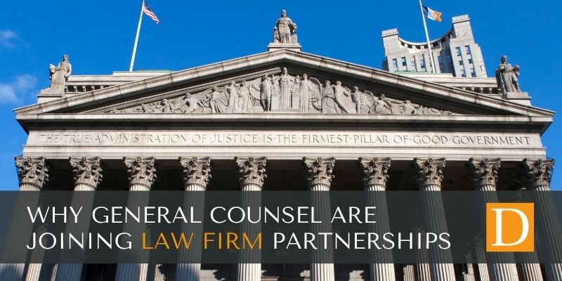Professional courthouse exterior featuring an engraved frieze, overlaid with the text: Why General Counsel are joining law firm partnerships.