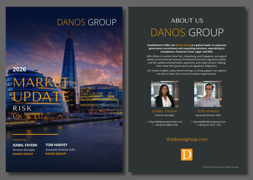 Danos Group 2026 Market Update brochure, featuring the London skyline, company overview, consultant contact details for Isabel Fayemi and Tom Harvey, and the Danos Group logo for governance, legal, and compliance expertise.